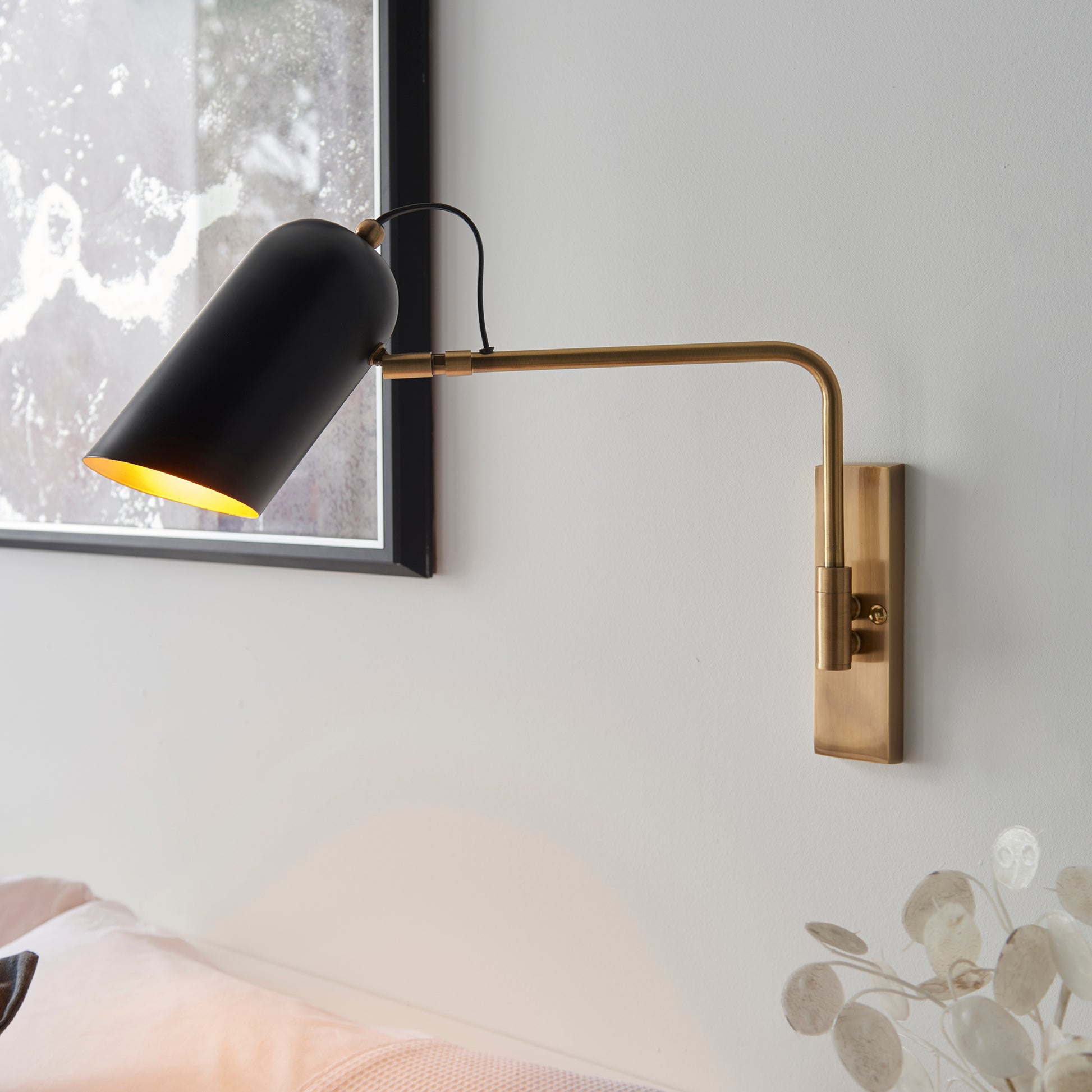 Navren Swing Arm Wall Light, Antique Brass/Black