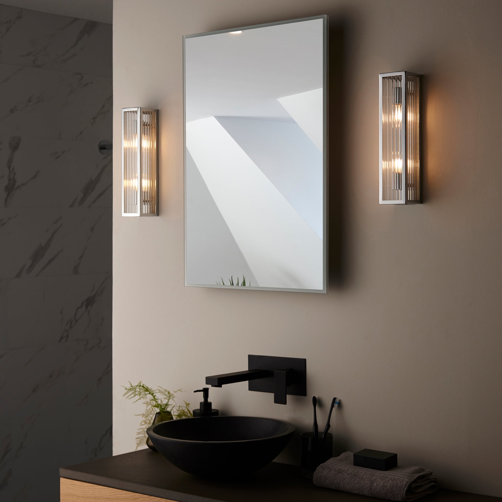 Newham 2 Light Bathroom Wall Light, Chrome/Ribbed Glass