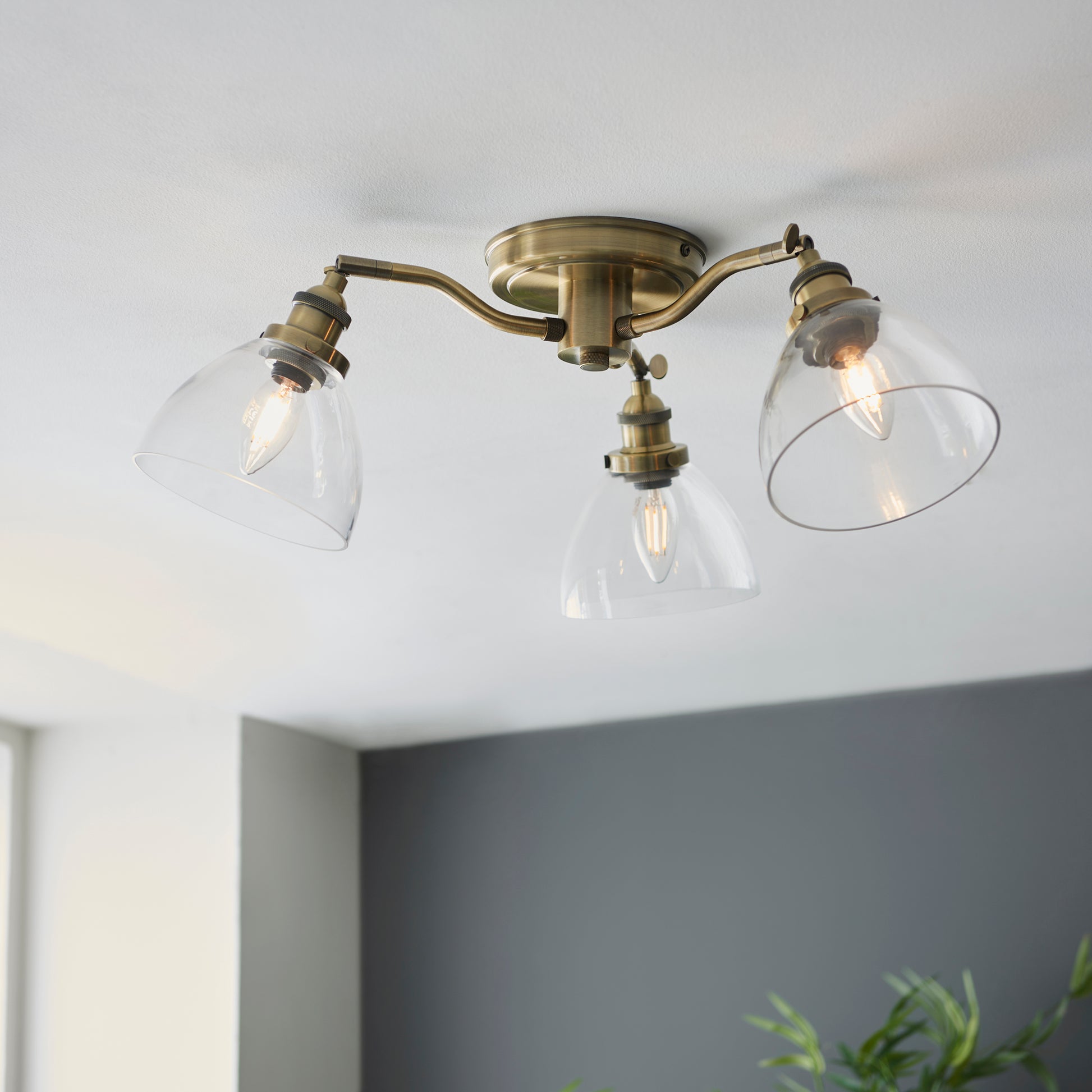 Hansen 3 Semi Flush Ceiling Light, Antique Brass/Clear