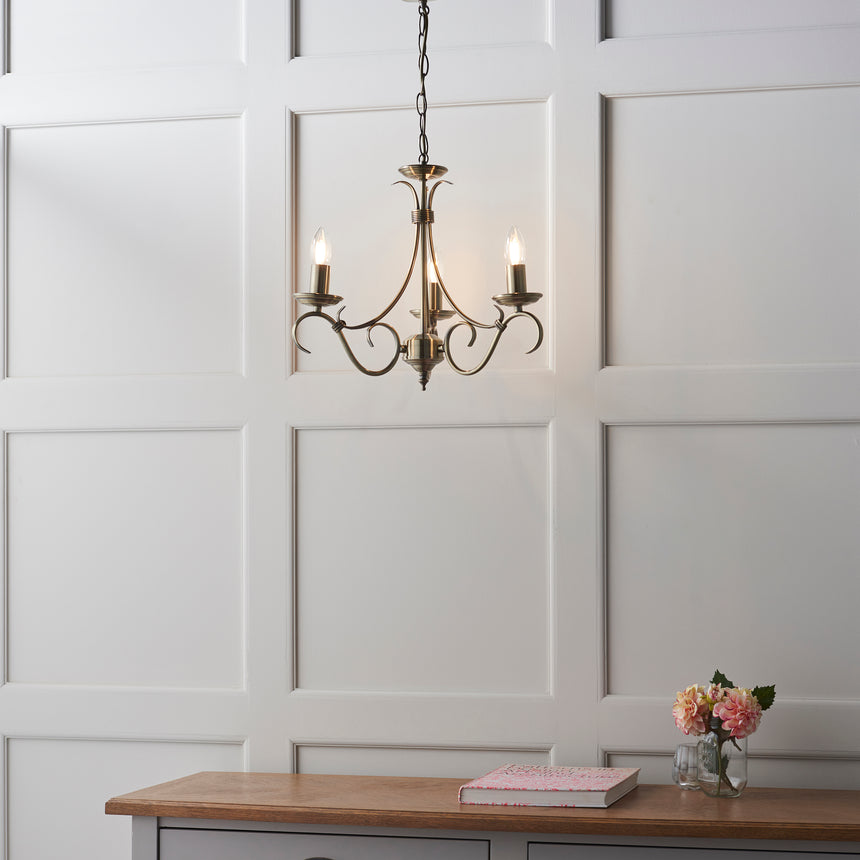 Bernice 3-Light Pendant Chandelier, Antique Brass