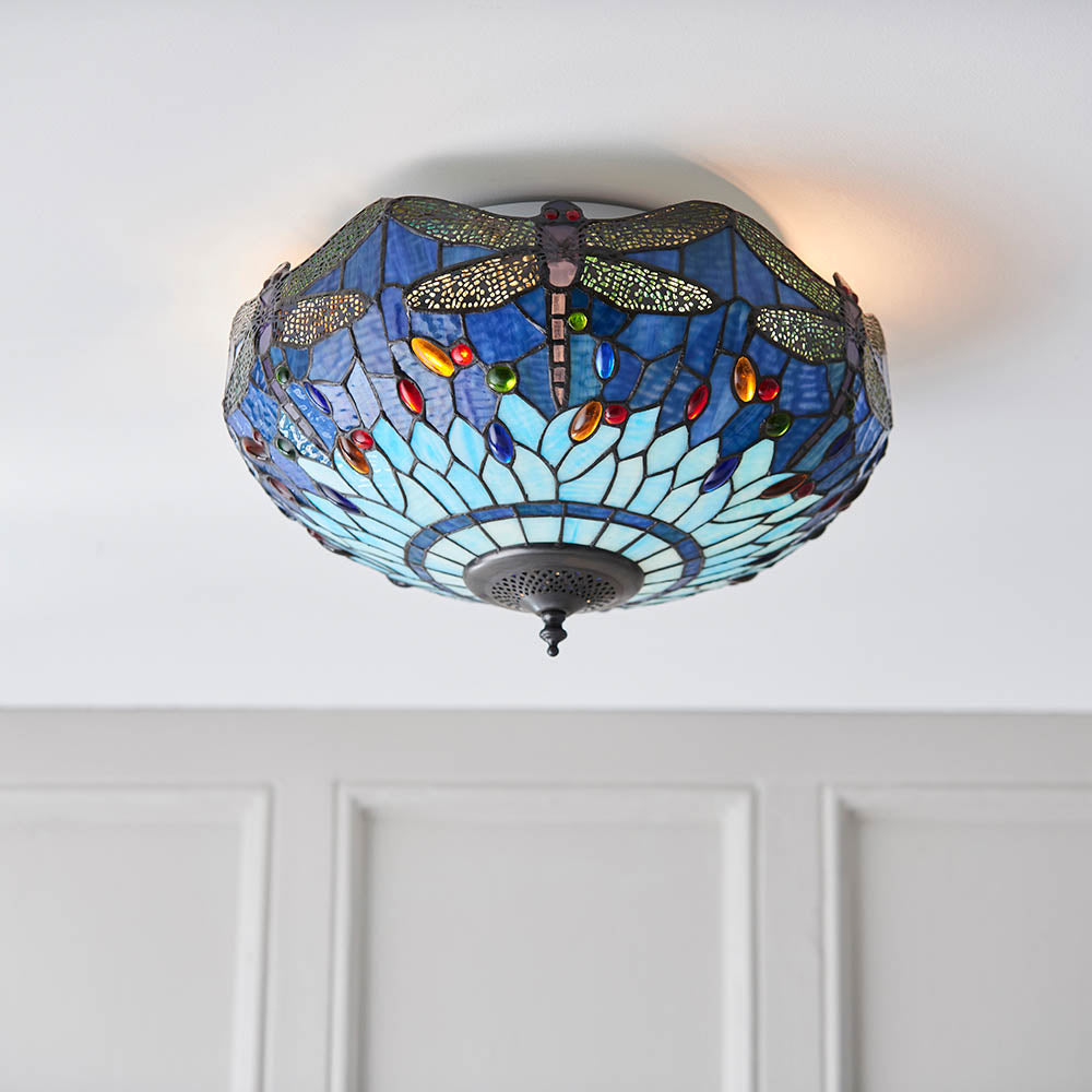 Dragonfly 41cm Tiffany Flush Ceiling Light, Blue