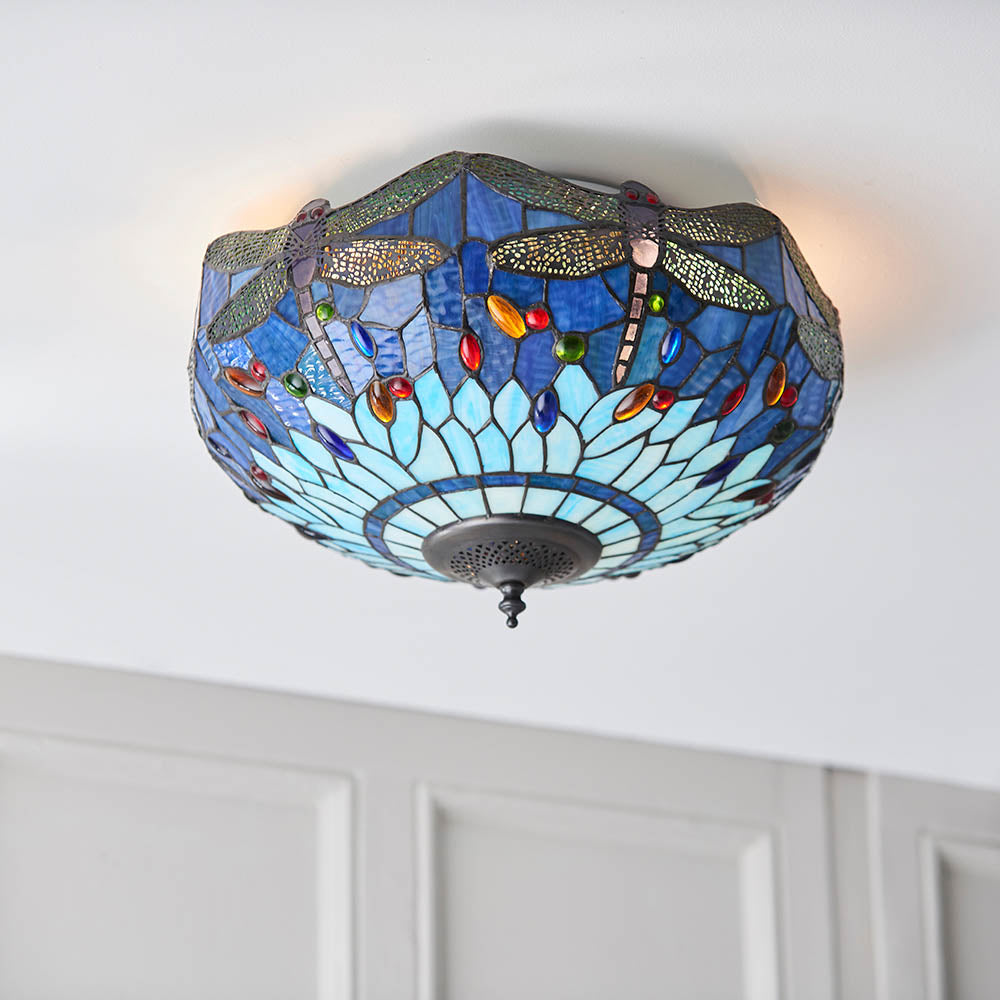 Dragonfly 41cm Tiffany Flush Ceiling Light, Blue