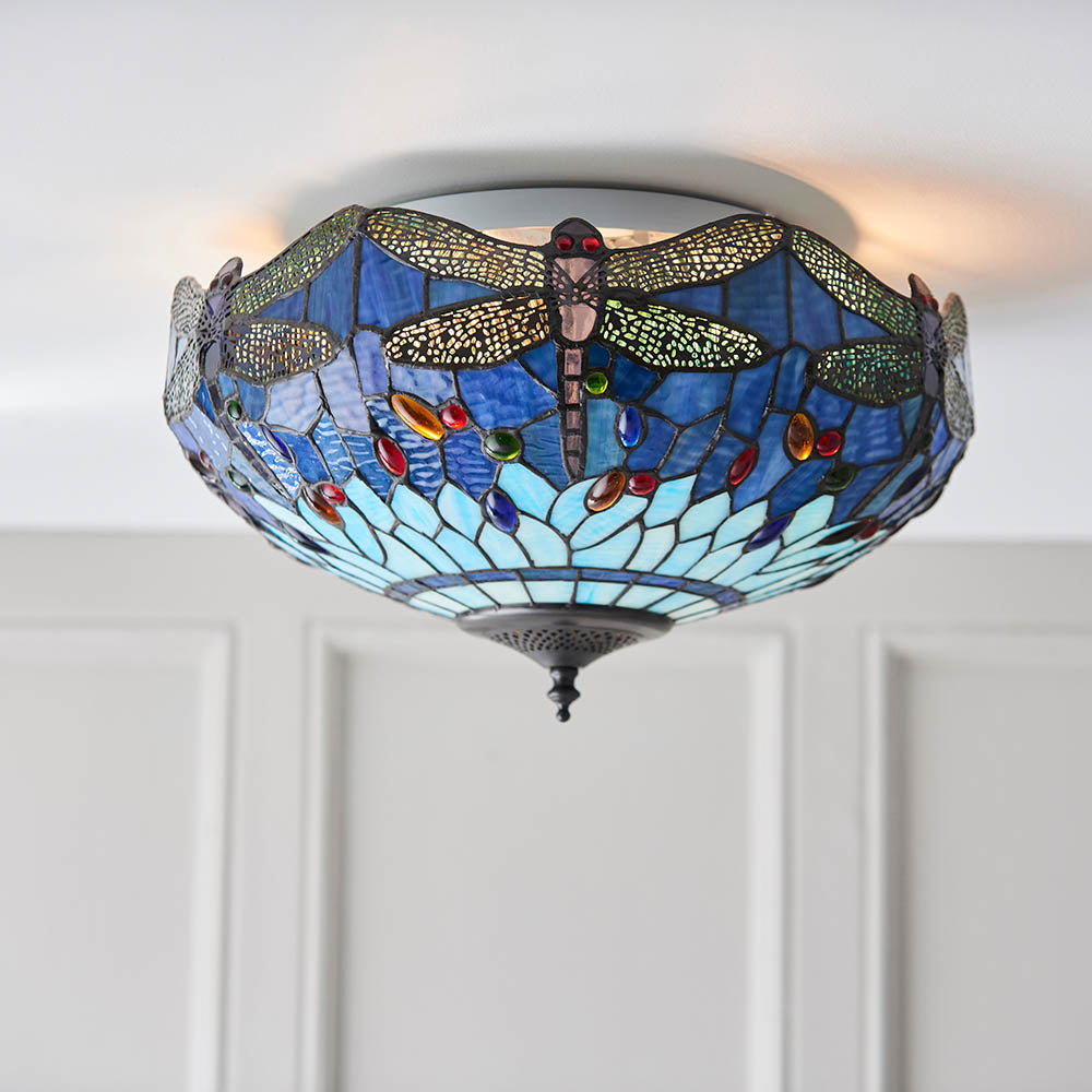 Dragonfly 41cm Tiffany Flush Ceiling Light, Blue