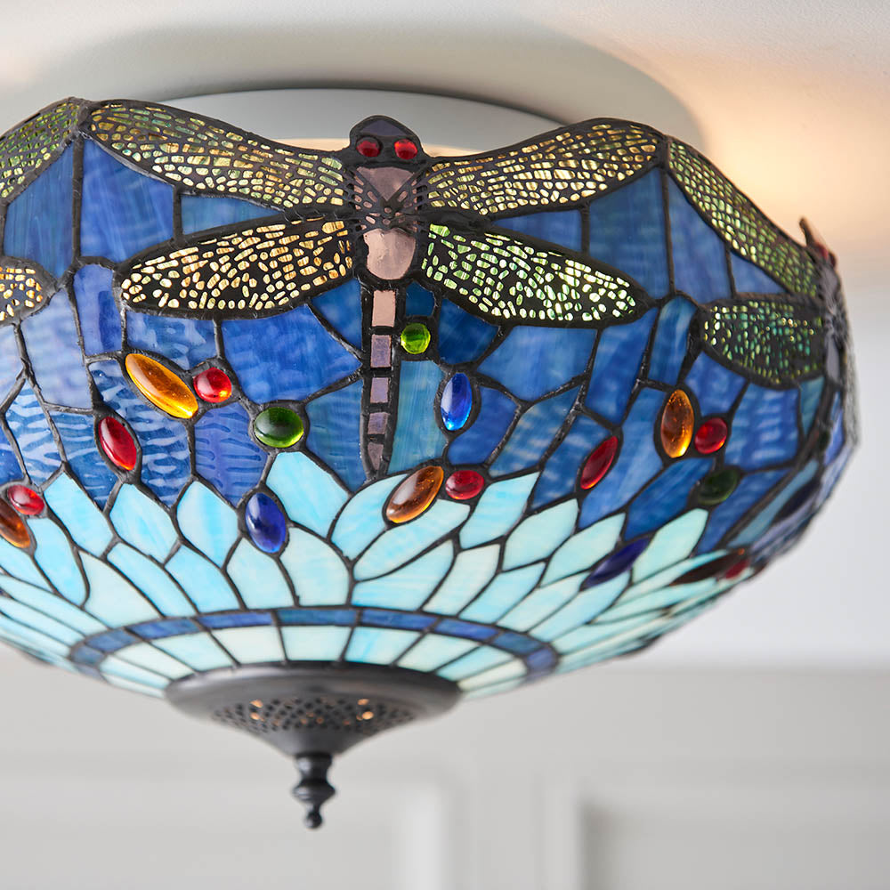 Dragonfly 41cm Tiffany Flush Ceiling Light, Blue