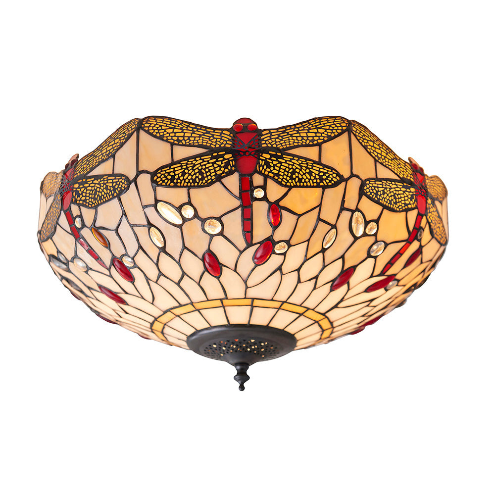 Dragonfly 41cm Tiffany Flush Ceiling Light, Beige, 70723, Endon