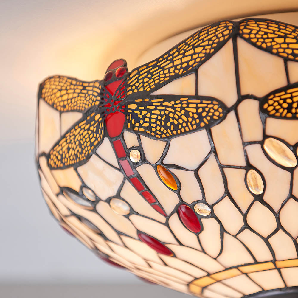 Dragonfly 41cm Tiffany Flush Ceiling Light, Beige