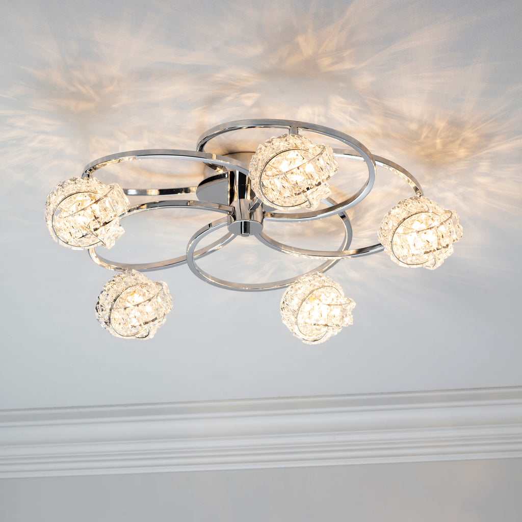Talia 5 Light Semi Flush Ceiling Light, Chrome/Crystal