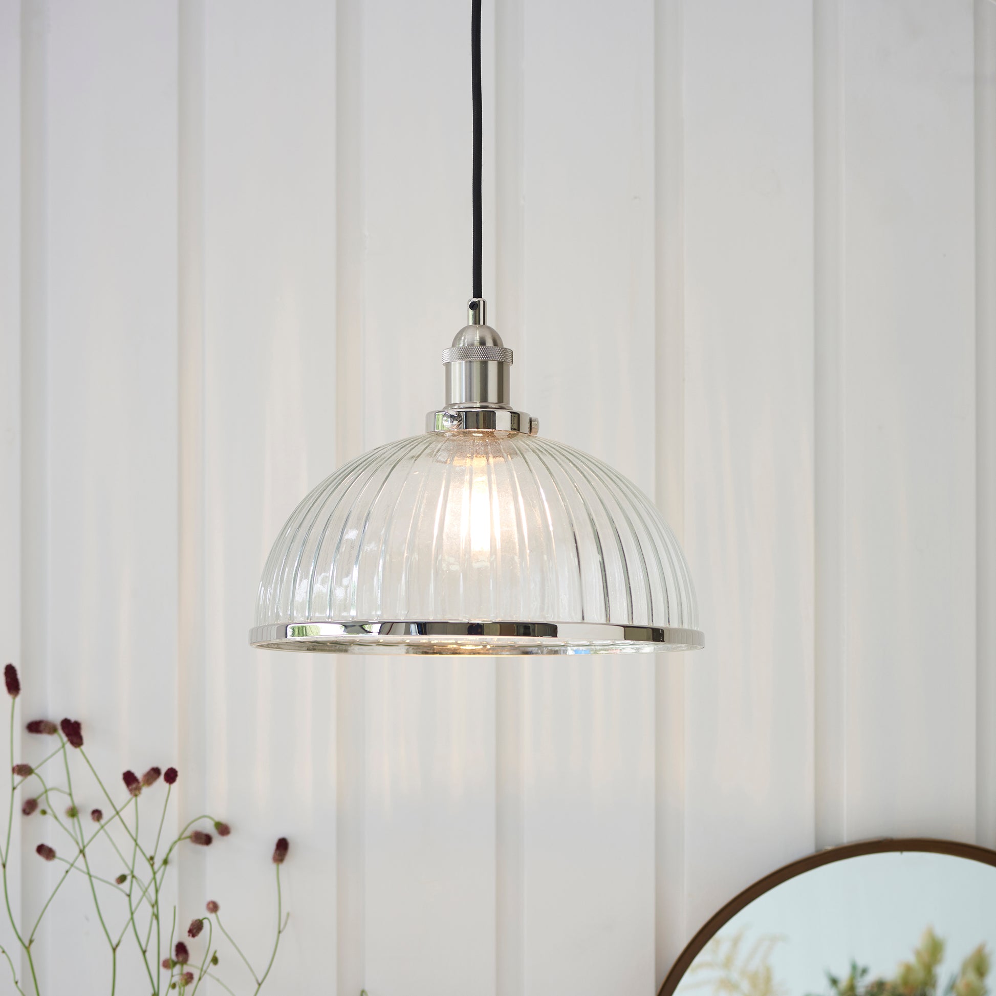 Hansen Ribbed Glass Pendant Light, Chrome/Clear