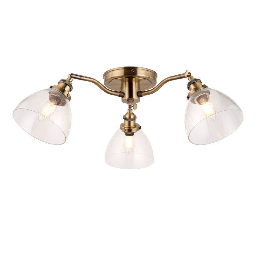 Hansen 3 Semi Flush Ceiling Light, Antique Brass/Clear