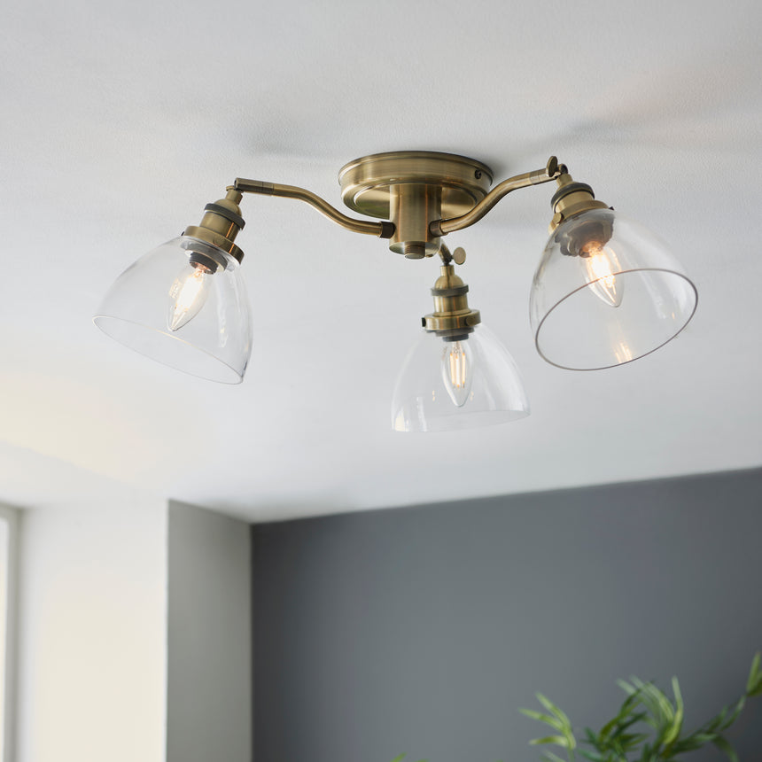 Hansen 3 Semi Flush Ceiling Light, Antique Brass/Clear