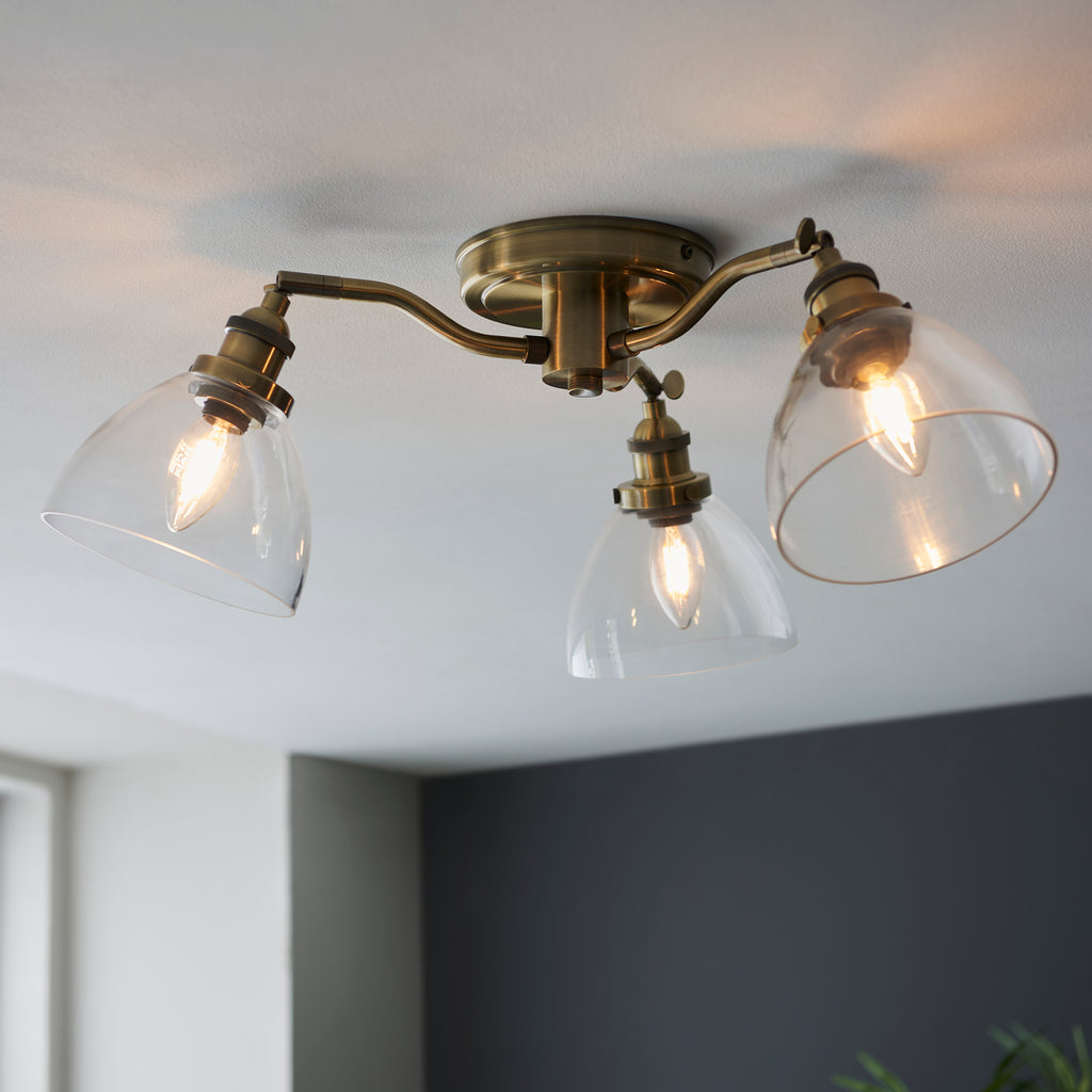 Hansen 3 Semi Flush Ceiling Light, Antique Brass/Clear