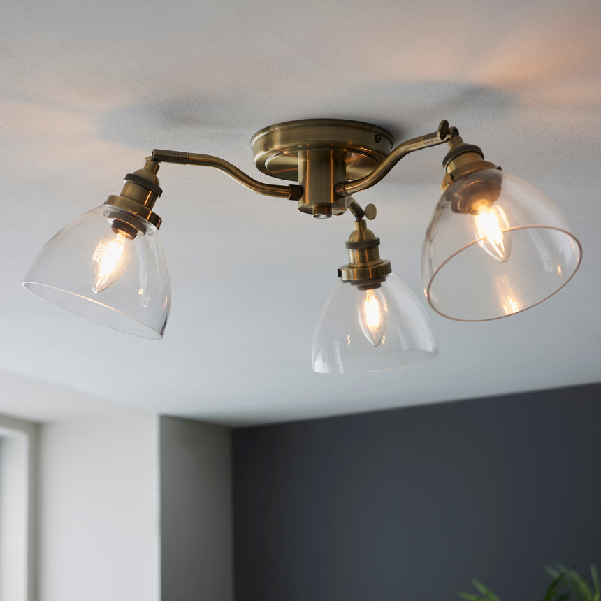 Hansen 3 Semi Flush Ceiling Light, Antique Brass/Clear