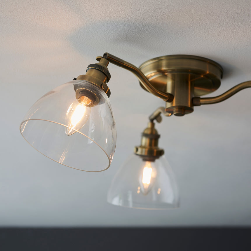 Hansen 3 Semi Flush Ceiling Light, Antique Brass/Clear