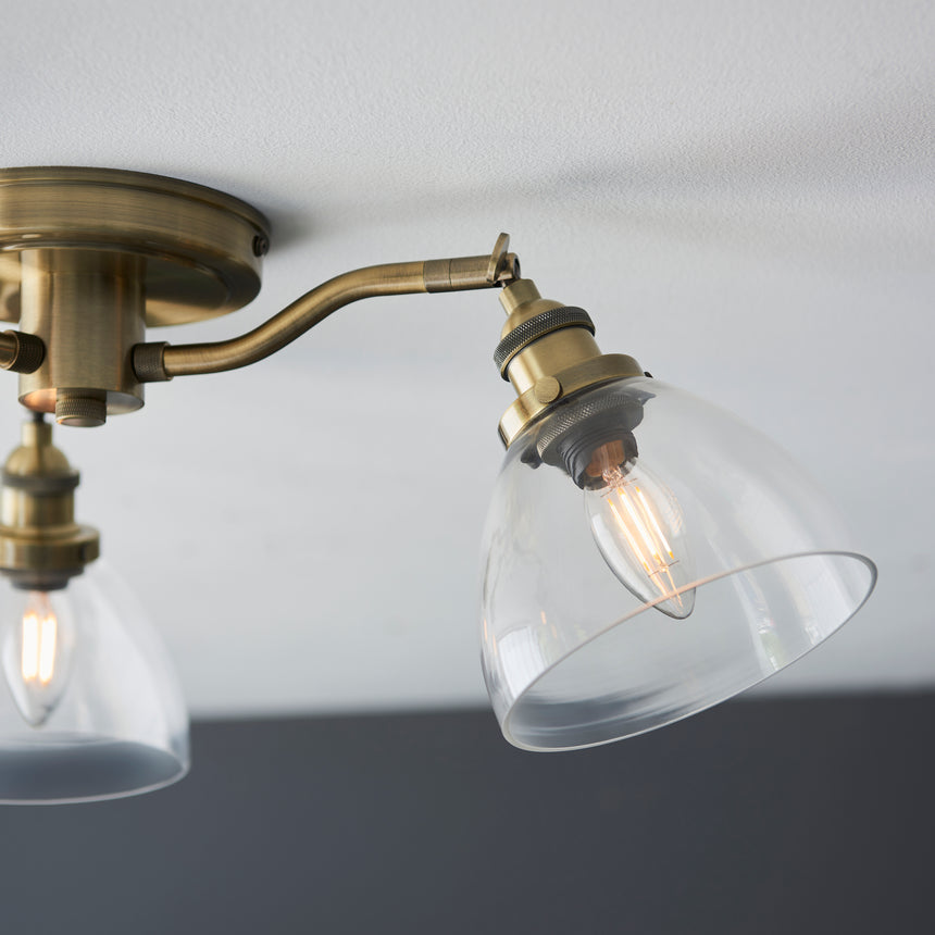 Hansen 3 Semi Flush Ceiling Light, Antique Brass/Clear