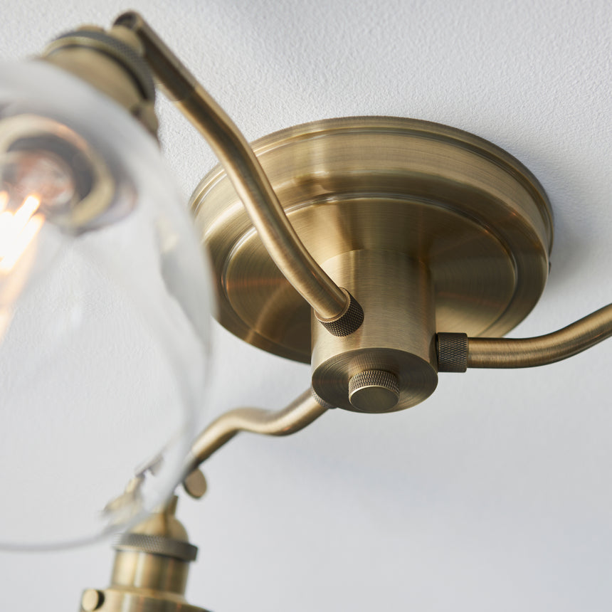 Hansen 3 Semi Flush Ceiling Light, Antique Brass/Clear