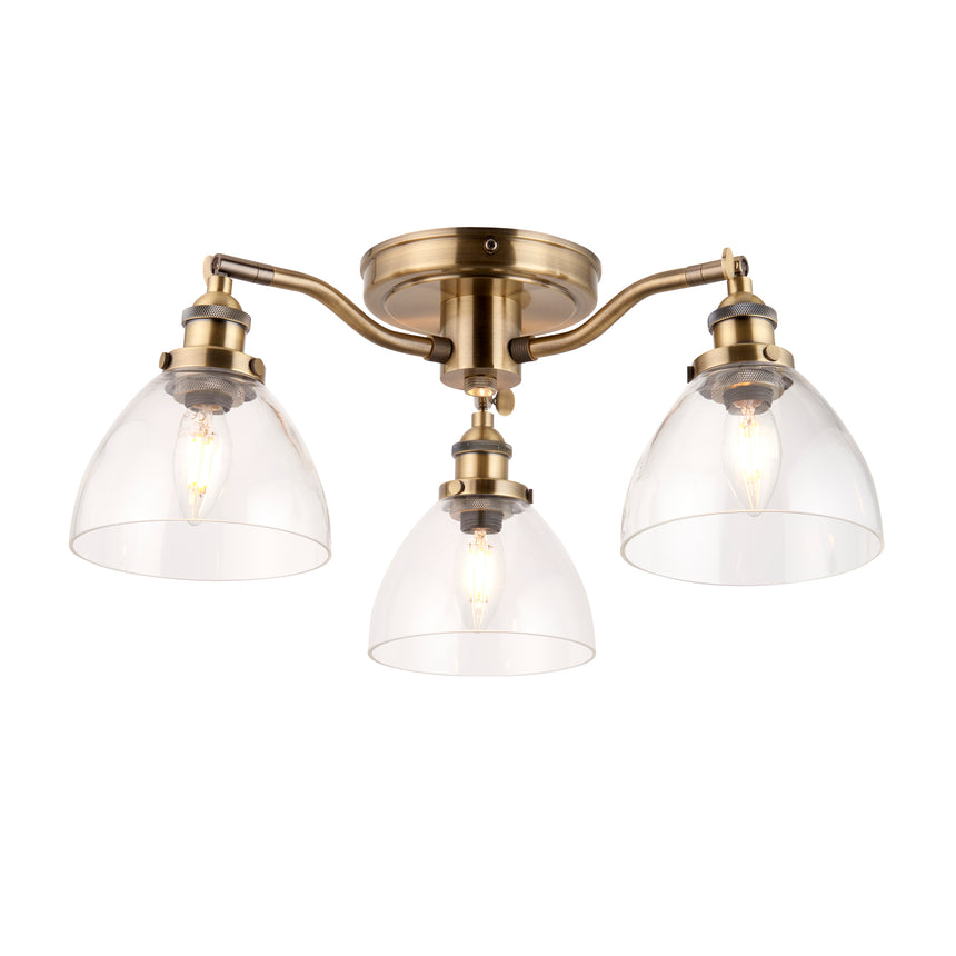 Hansen 3 Semi Flush Ceiling Light, Antique Brass/Clear
