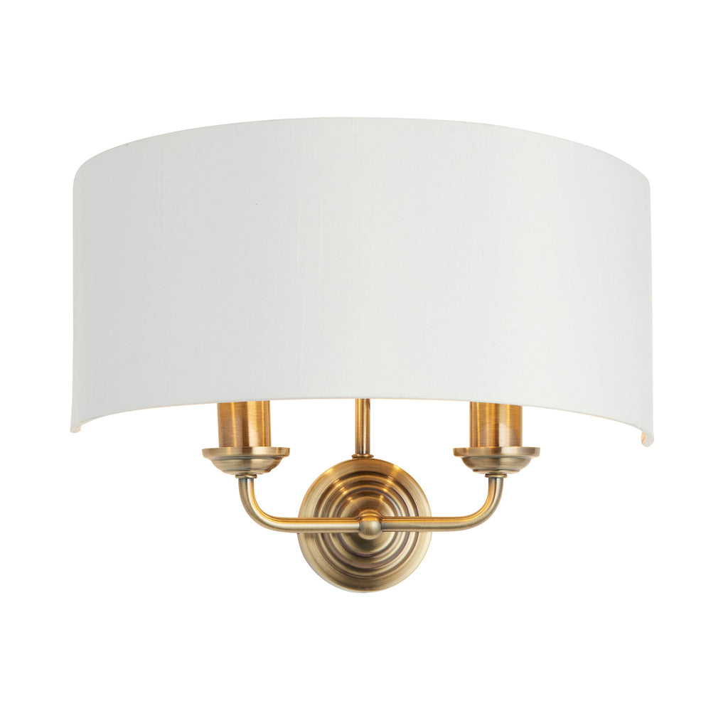 Highclere 2 Light Wall Light, Antique Brass/White