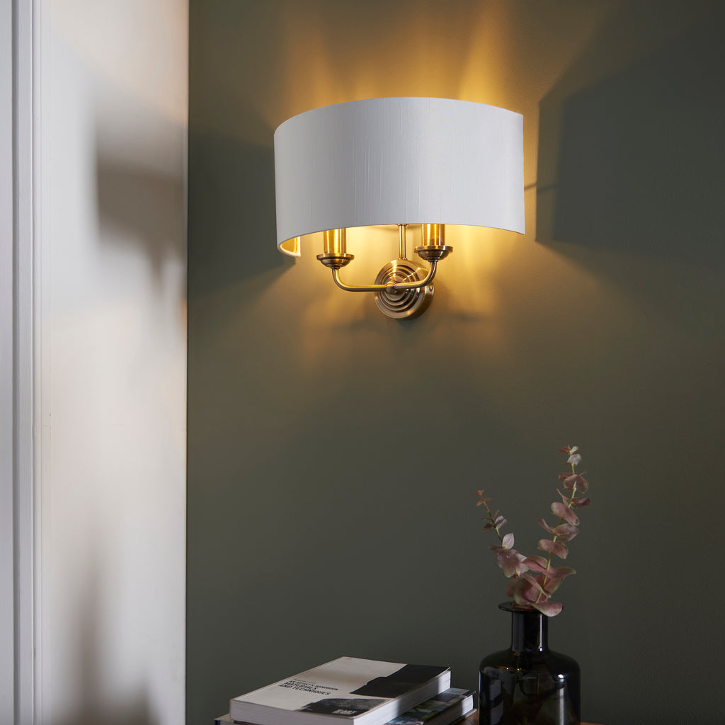 Highclere 2 Light Wall Light, Antique Brass/White