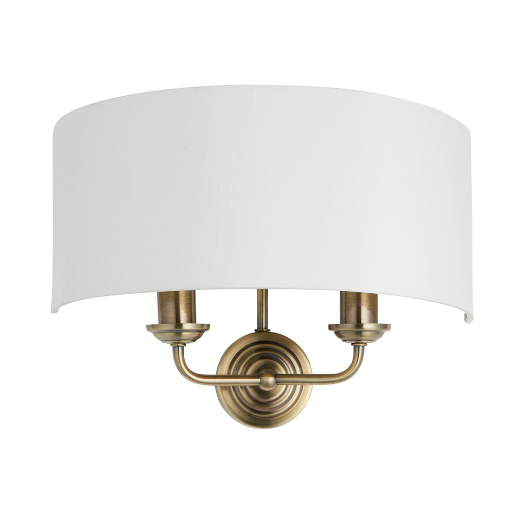Highclere 2 Light Wall Light, Antique Brass/White