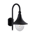 Alban outdoor wall lantern in black with swan-neck arm and glass dome shade