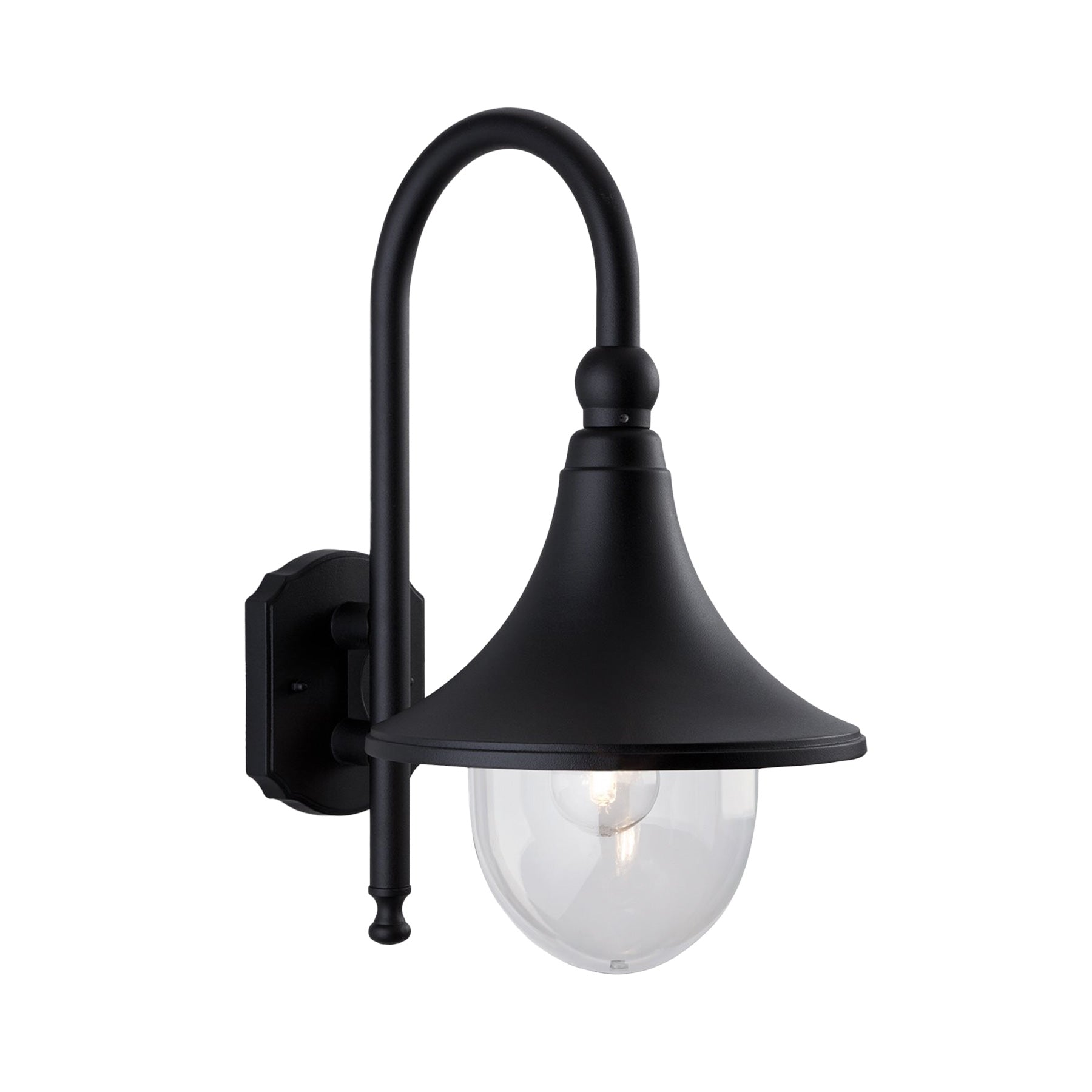 Alban outdoor wall lantern in black with swan-neck arm and glass dome shade