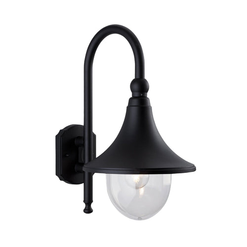 Alban outdoor wall lantern in black with swan-neck arm and glass dome shade