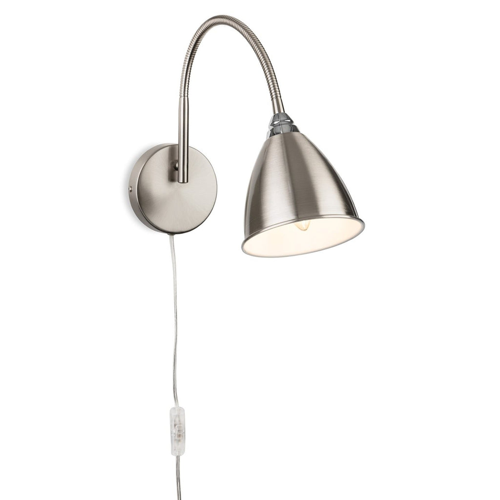 Aldon Swan Neck Plug-In Wall Light in brushed steel, front view with plug cable and in-line switch