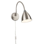 Aldon Swan Neck Plug-In Wall Light in brushed steel, front view with plug cable and in-line switch