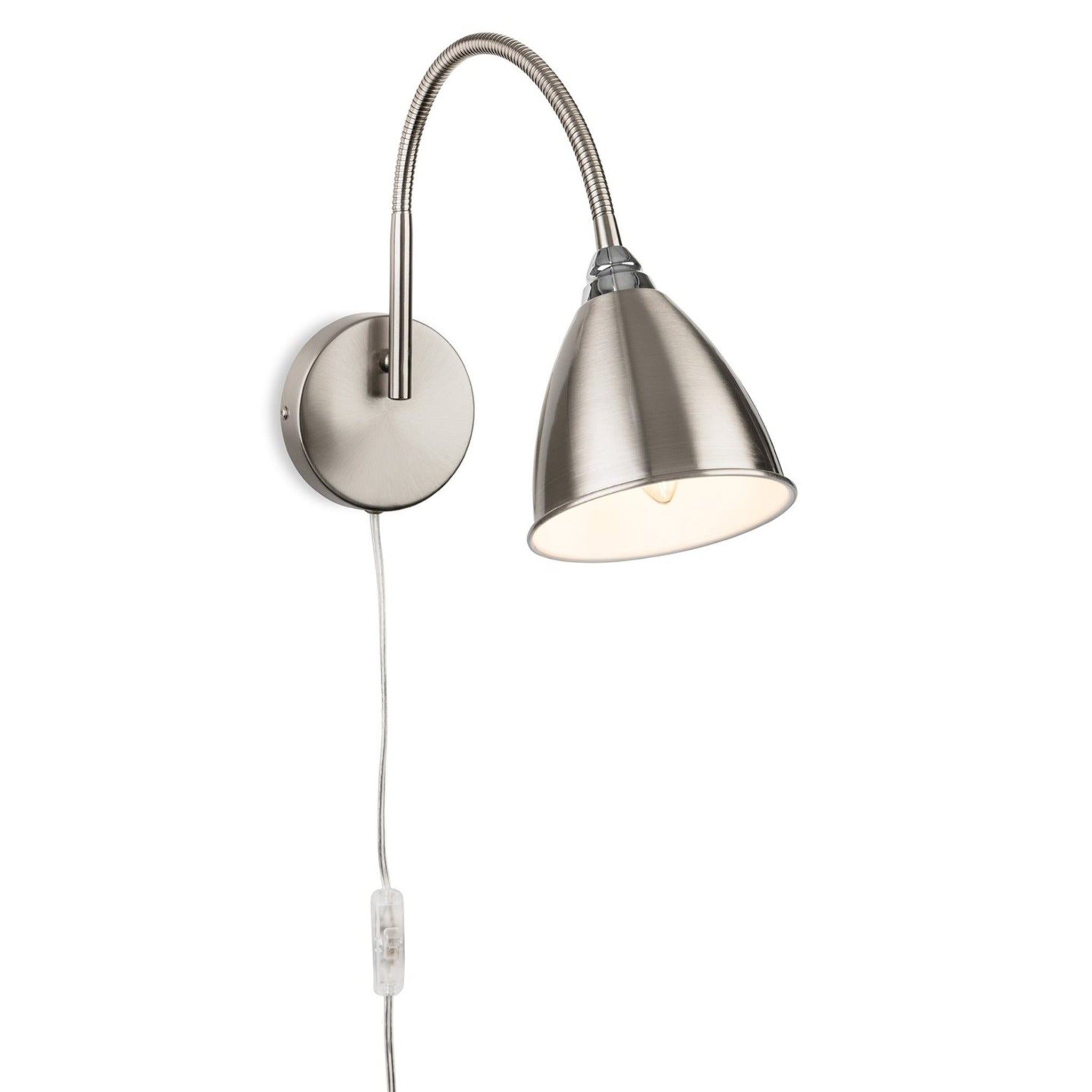 Aldon Swan Neck Plug-In Wall Light in brushed steel, front view with plug cable and in-line switch