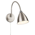 Aldon Swan Neck Plug-In Wall Light in brushed steel, angled view showing the curved arm and tapered shade
