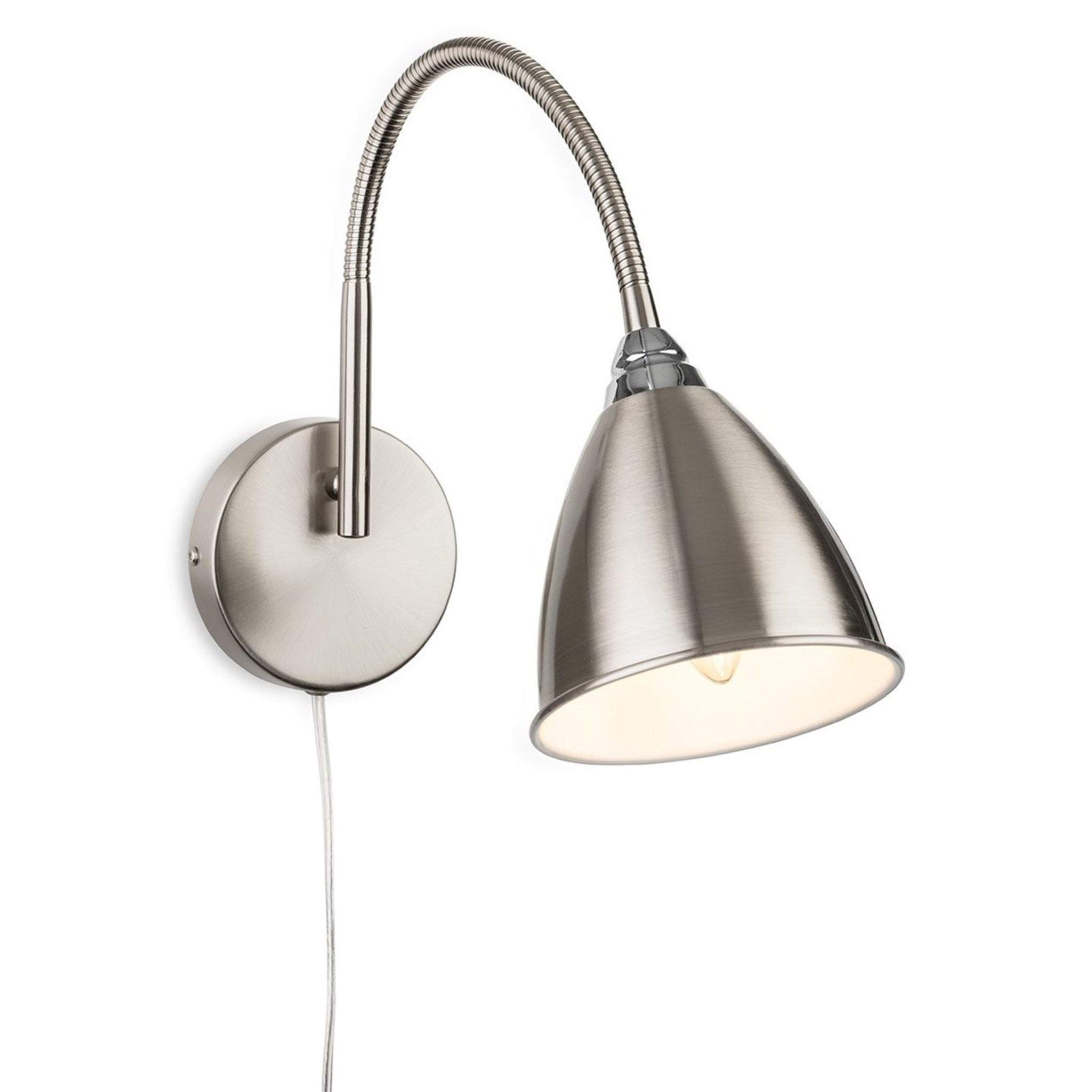 Aldon Swan Neck Plug-In Wall Light in brushed steel, angled view showing the curved arm and tapered shade