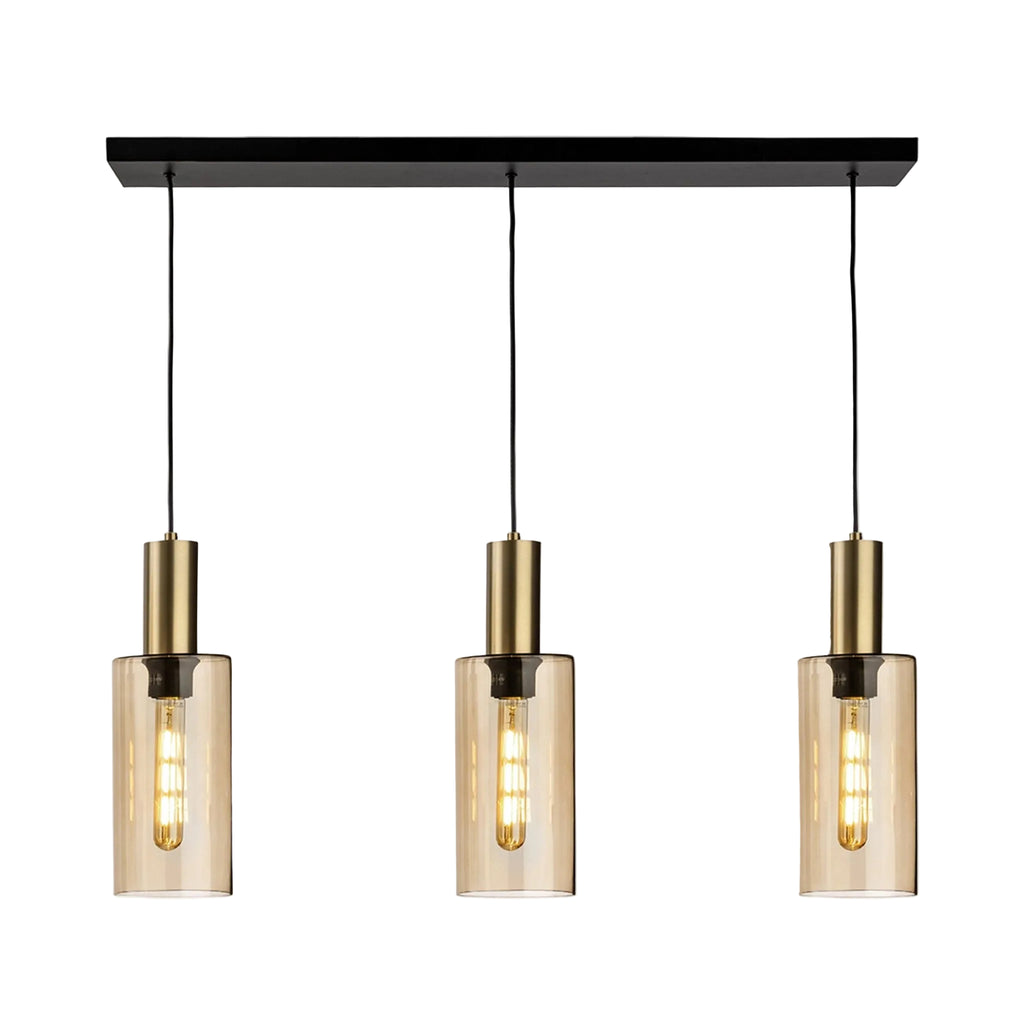 Arden Smoked Amber Glass 3 Light Bar Pendant in satin brass, straight-on view of all three lit glass cylinders on the black bar