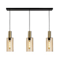 Arden Smoked Amber Glass 3 Light Bar Pendant in satin brass, straight-on view of all three lit glass cylinders on the black bar