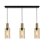 Arden Smoked Amber Glass 3 Light Bar Pendant in satin brass, straight-on view of all three lit glass cylinders on the black bar