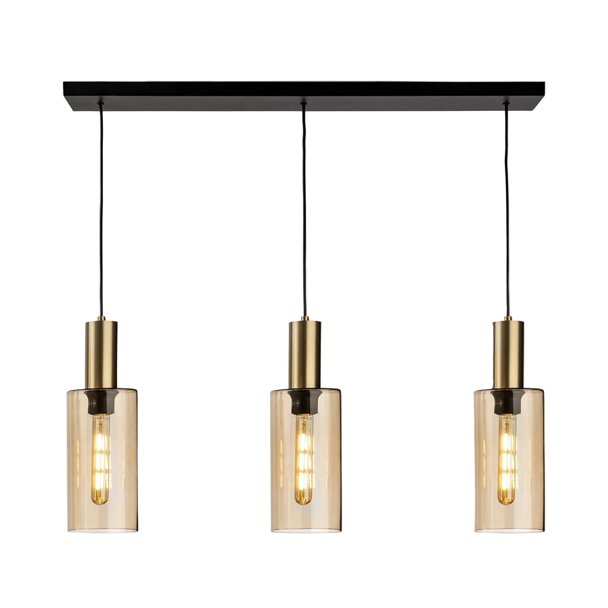 Arden Smoked Amber Glass 3 Light Bar Pendant in satin brass, straight-on view of all three lit glass cylinders on the black bar