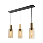 Arden Smoked Amber Glass 3 Light Bar Pendant in satin brass, angled view showing the length of the ceiling bar