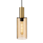 Detail of a single head of the Arden 3 light bar, showing the satin brass stem and smoked amber glass cylinder