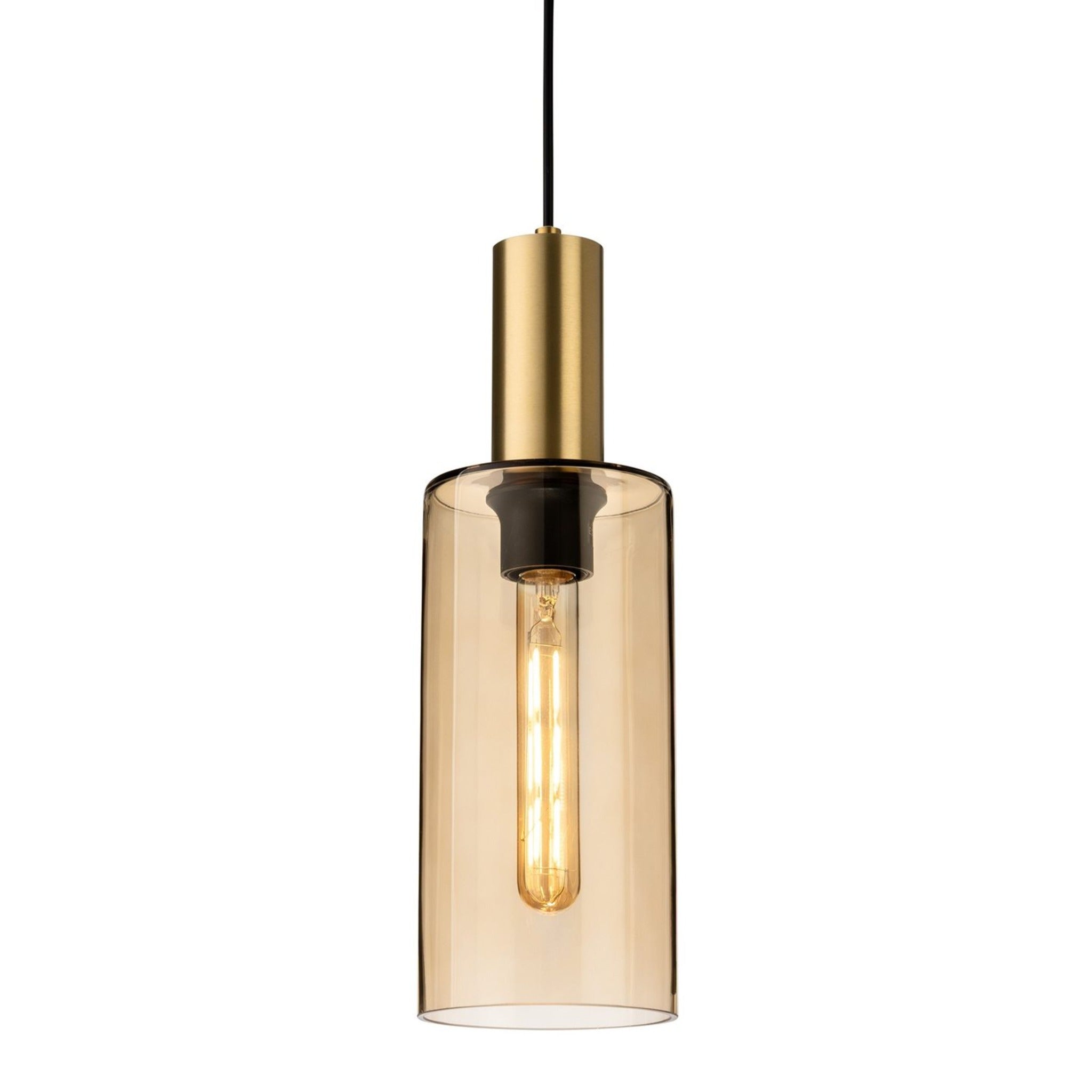 Arden Smoked Amber Glass Pendant in satin brass, straight-on view with the filament bulb lit inside the amber glass cylinder