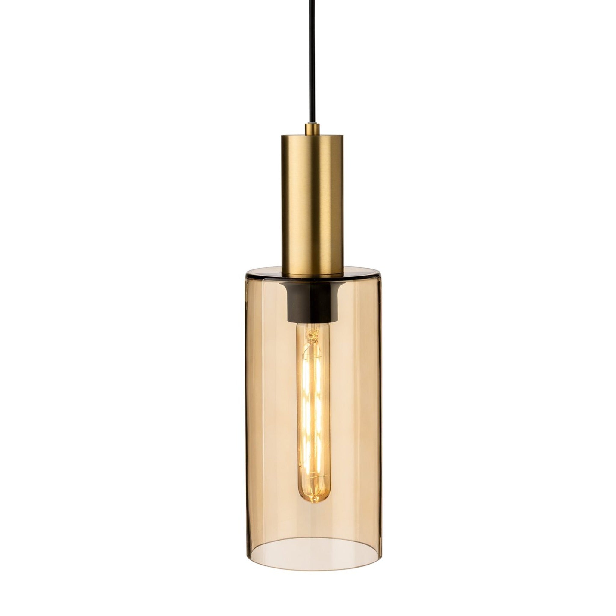 Arden Smoked Amber Glass Pendant in satin brass, angled view showing the brass stem and glass shade