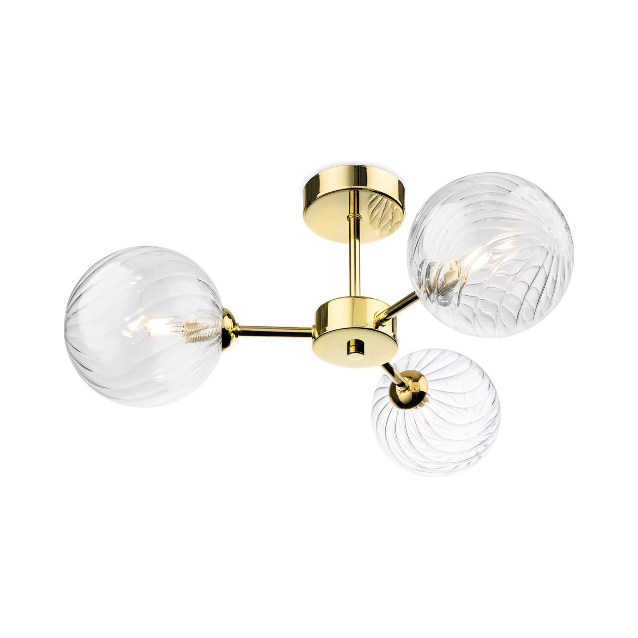 Ashby Swirled Glass 3 Light Semi-Flush Ceiling Light in brass, angled view showing three swirled clear glass globes
