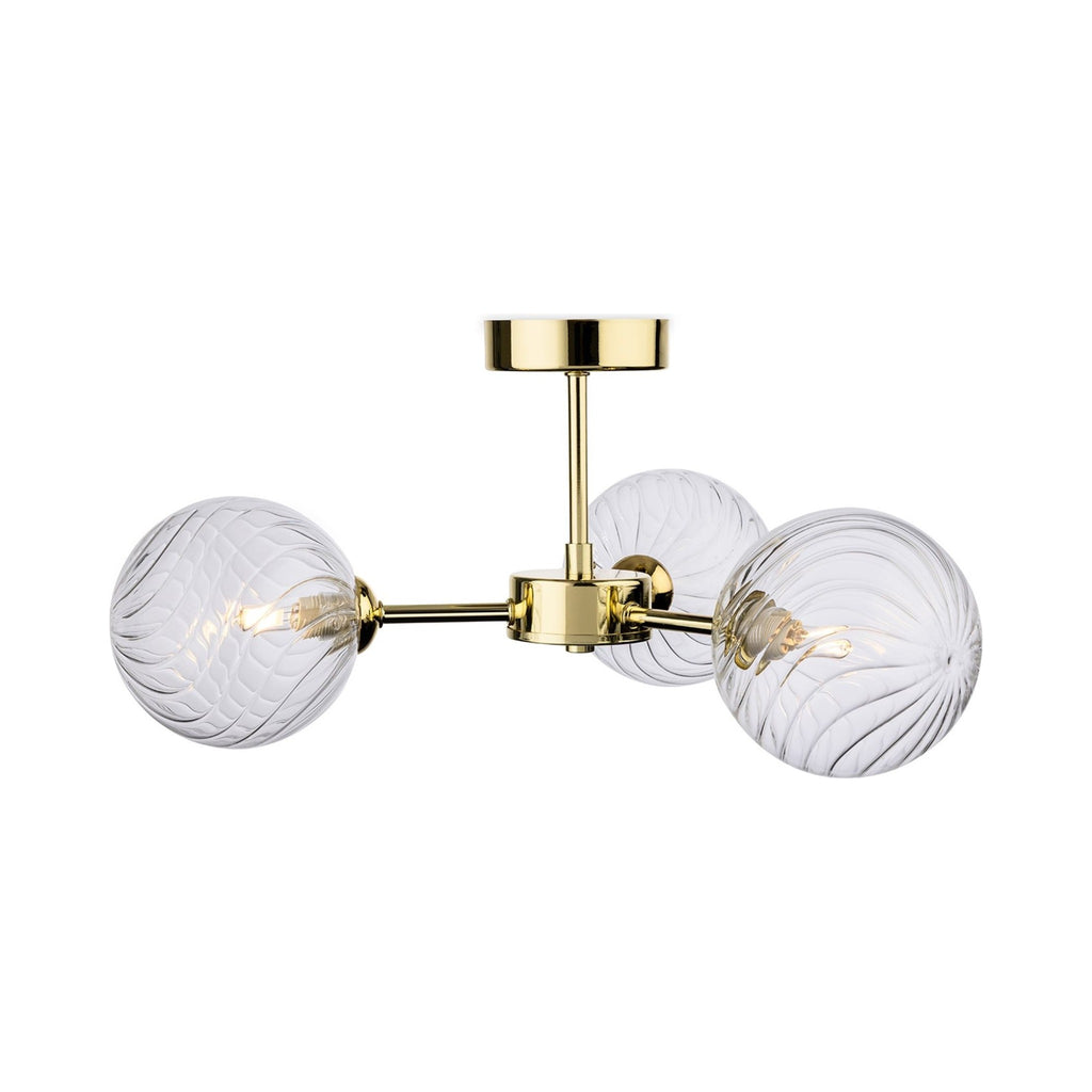 Ashby Swirled Glass 3 Light Semi-Flush Ceiling Light in brass, side view showing the 20.5cm drop