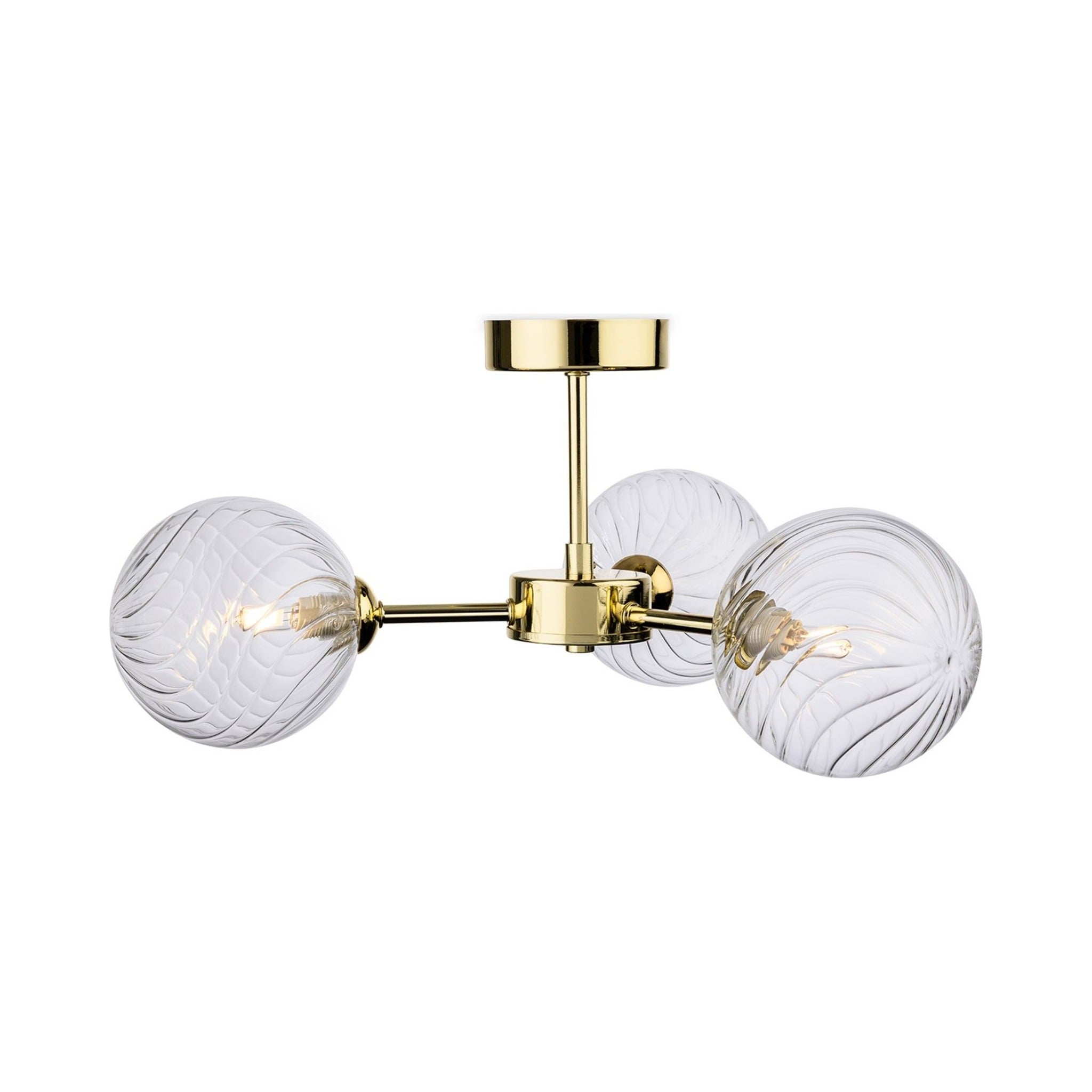 Ashby Swirled Glass 3 Light Semi-Flush Ceiling Light in brass, side view showing the 20.5cm drop