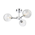 Ashby Swirled Glass 3 Light Semi-Flush Ceiling Light in chrome, angled view showing three swirled clear glass globes