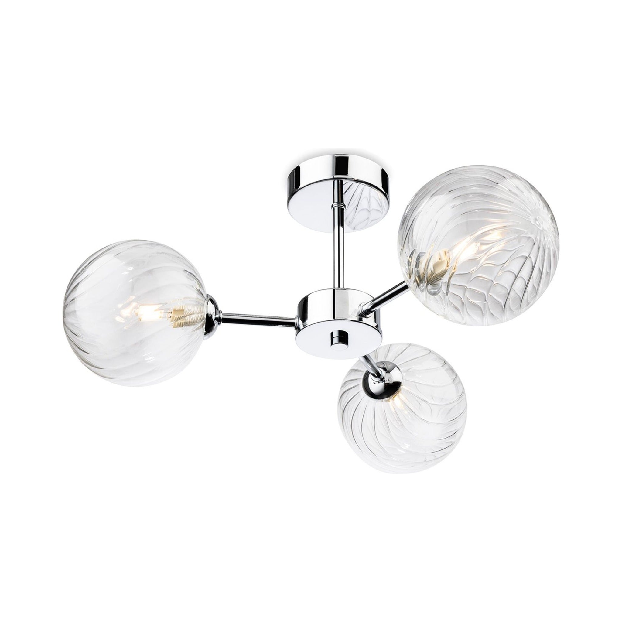 Ashby Swirled Glass 3 Light Semi-Flush Ceiling Light in chrome, angled view showing three swirled clear glass globes