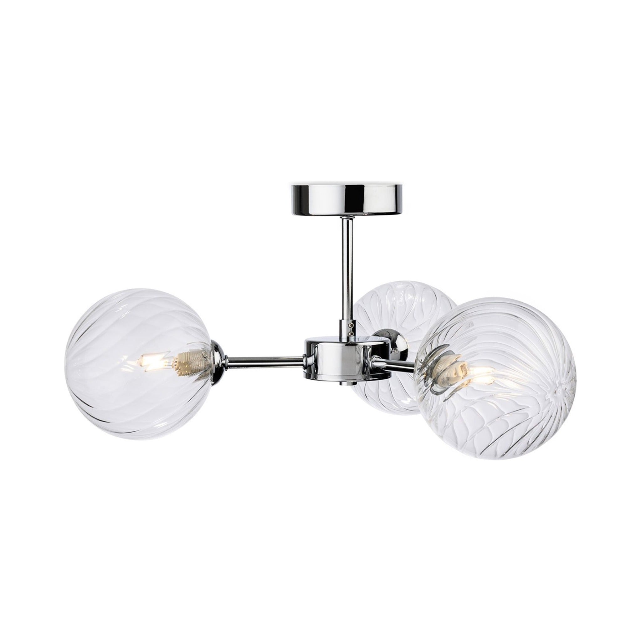 Ashby Swirled Glass 3 Light Semi-Flush Ceiling Light in chrome, side view showing the 20.5cm drop