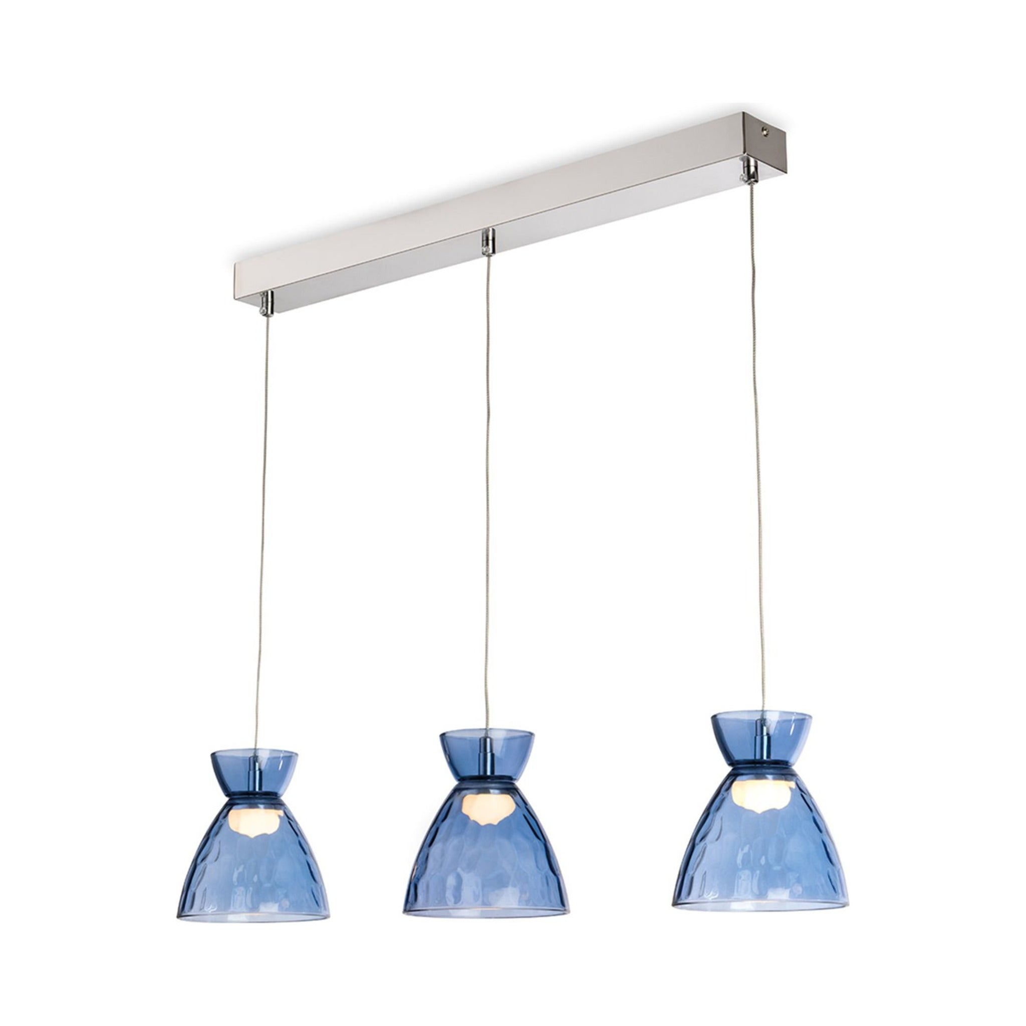 Bexley Textured Glass LED 3 Light Bar Pendant in chrome with blue dimpled glass shades, angled view