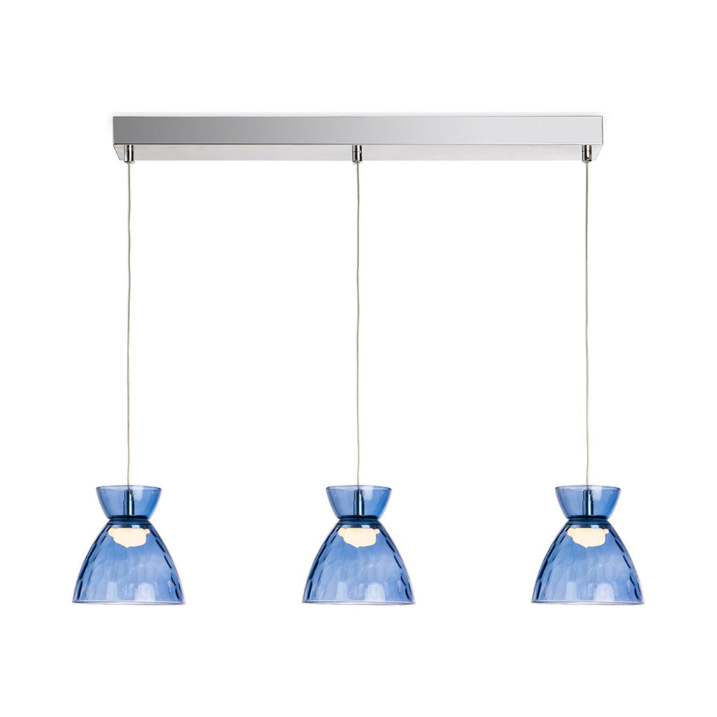 Bexley Textured Glass LED 3 Light Bar Pendant in blue glass, straight-on view