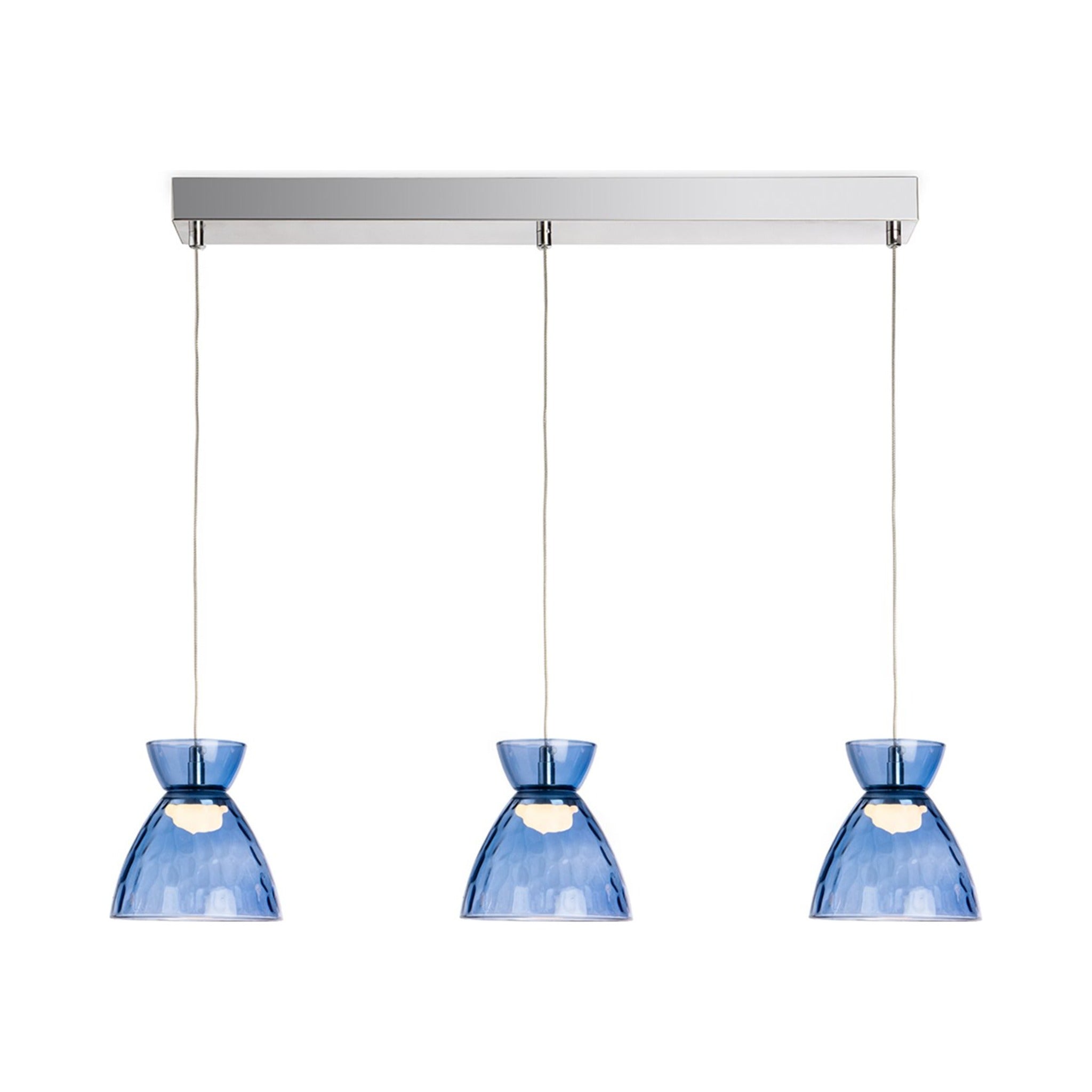 Bexley Textured Glass LED 3 Light Bar Pendant in blue glass, straight-on view