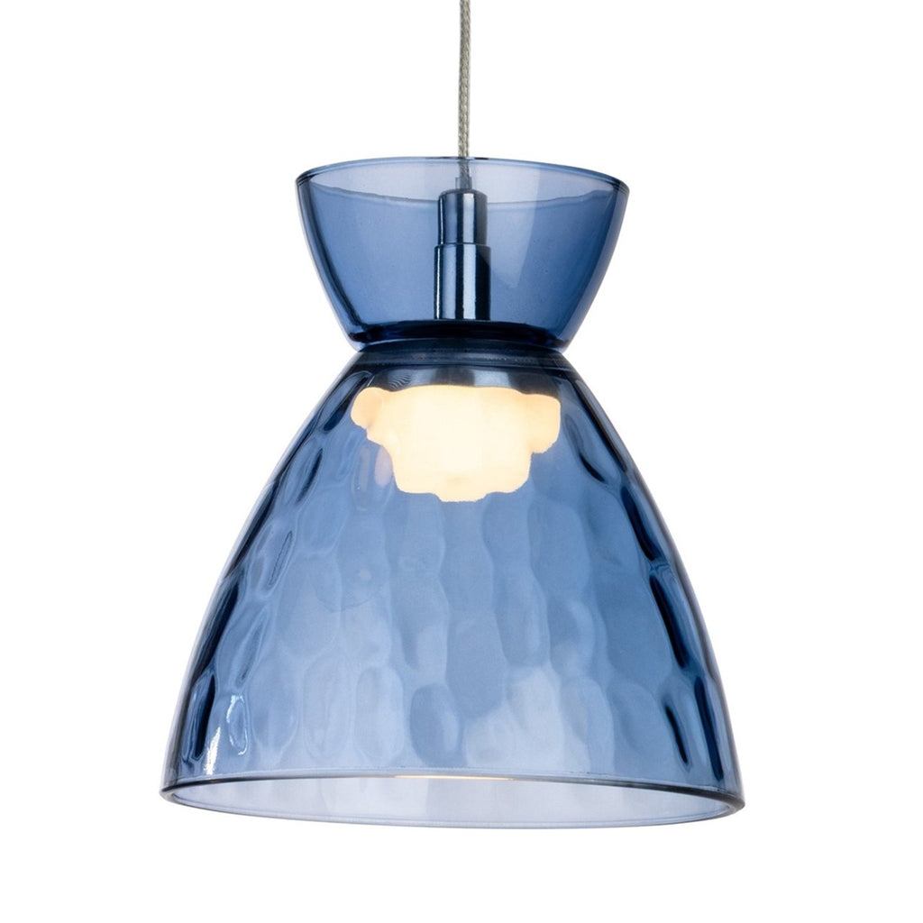 Single blue dimpled glass shade of the Bexley 3 Light Bar Pendant, lit