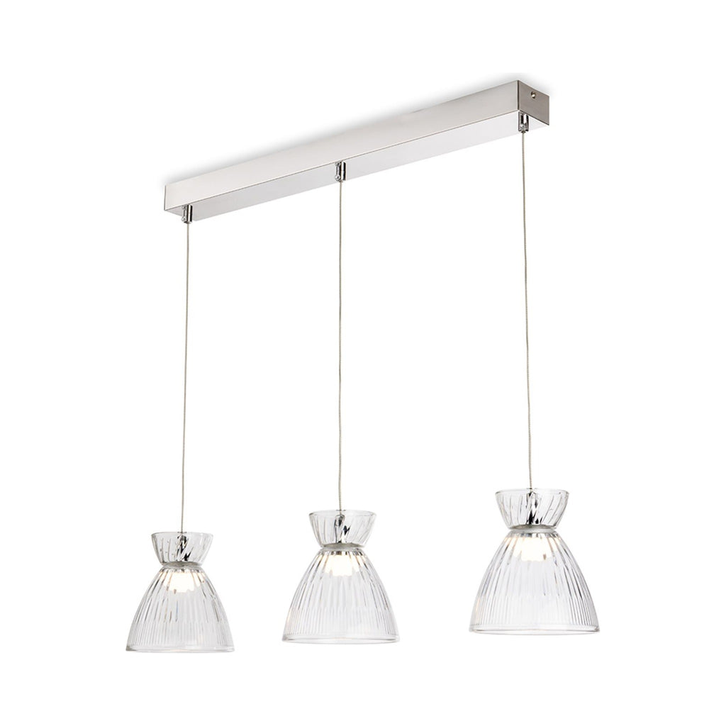 Bexley Textured Glass LED 3 Light Bar Pendant in chrome with clear fluted glass shades, angled view